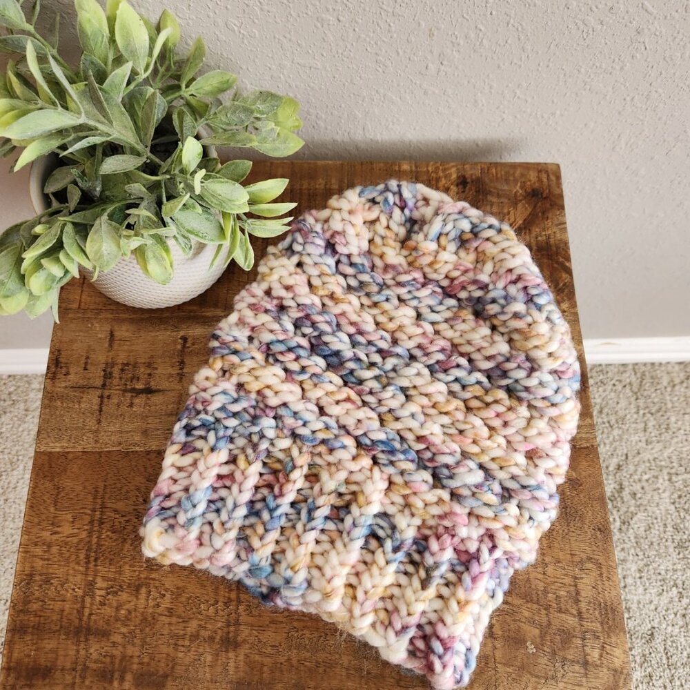 Handmade Heavy Knit Winter Hat Colorful Pastel Pattern